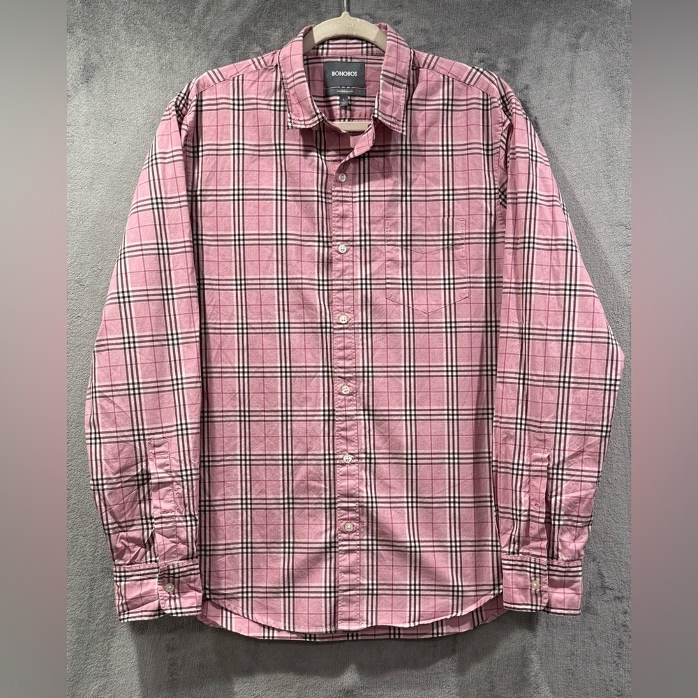 Bonobos Button Down Tailored Slim Fit Long Sleeve Pink Plaid Shirt Mens Size L